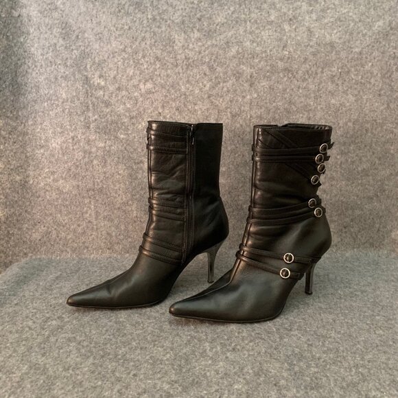 Bata Women’s Straps Black Pointy Toe Side Zip Heel Boots - Picture 5 of 13